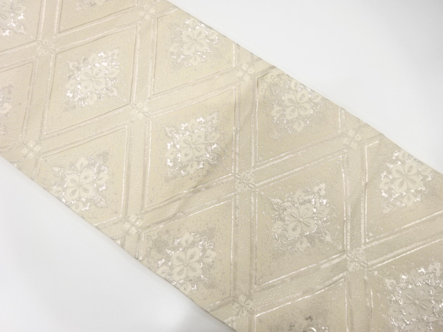 アンティーク　斜め格子に花模様織出し袋帯（着用可）